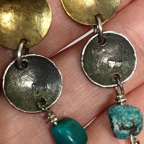 Signed Silpada Sterling Silver Brass Drop Disk Brutalist Turquoise Earrings 925 - Picture 2 of 14